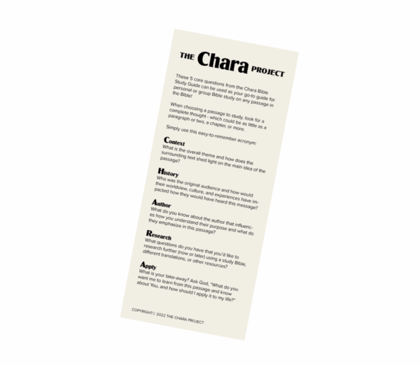 The Chara Project Bookmark with 5 questions from the Chara Bible Study Guide