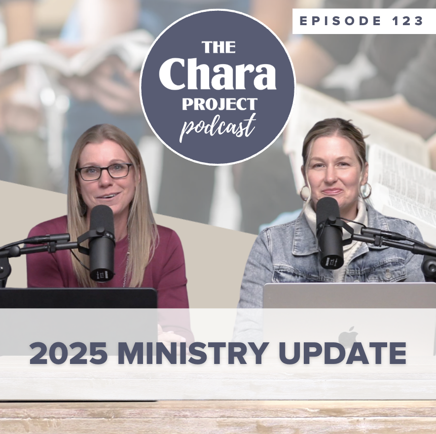 Two women sit at a table with microphones and laptops, hosting "The Chara Project Podcast." Text on the image reads "Episode 123" and "2025 Ministry Update," highlighting the latest podcast on Chara Ministry. A blurred background features people reading.