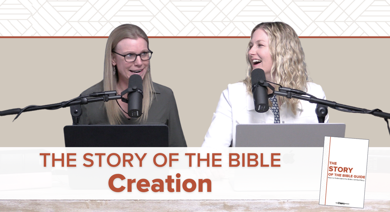 Two women sit at a desk with microphones and laptops, smiling and talking. Text below reads “THE STORY OF THE BIBLE: Creation.” A Bible study guide is pictured in the bottom right corner.