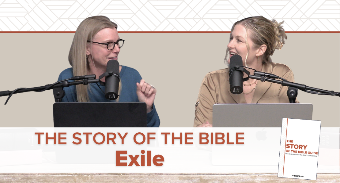 Two women sit at a table with microphones, laptops, and headphones, smiling and talking. Text in front reads “The Story of the Bible: Exile,” with an image of a book titled “The Story of the Bible Guide.”.