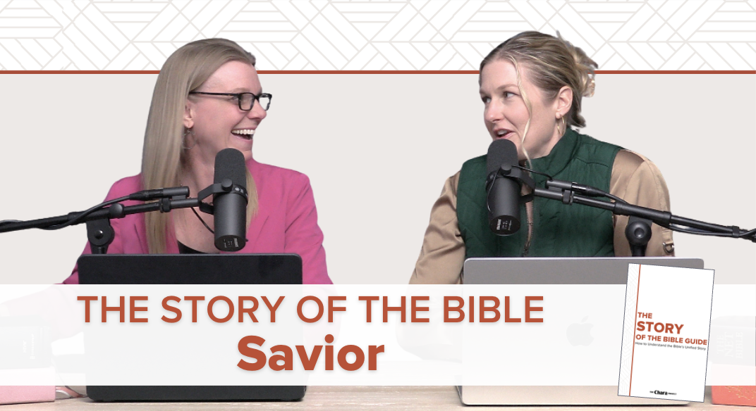 Two women sit at a table with microphones and laptops, smiling and talking. Text on the image reads, “THE STORY OF THE BIBLE Savior.” A book titled "THE STORY OF THE BIBLE GUIDE" is also shown.