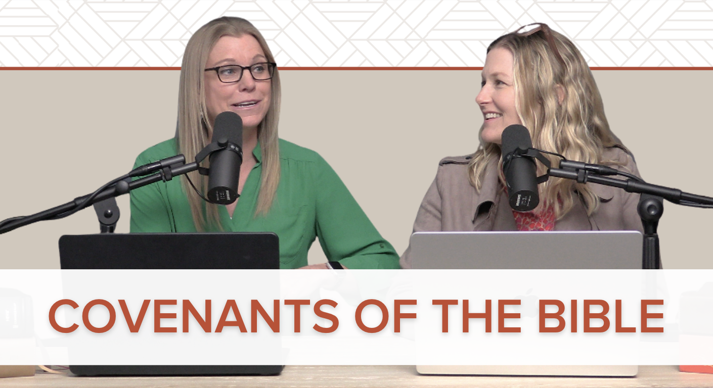 Two women sit at a table with microphones and laptops, smiling at each other. Text in front reads "Covenants of the Bible." The background features a geometric pattern.
