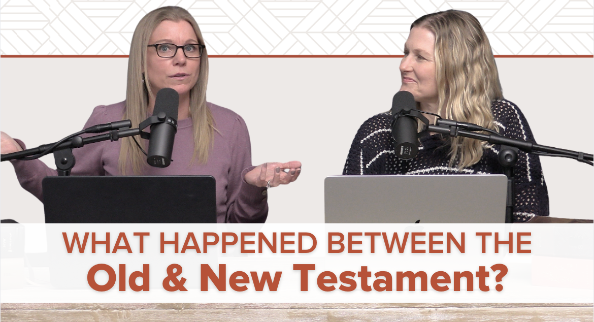 Two women sit at a table with microphones and laptops, having a discussion. A text banner below them reads, “What happened between the Old & New Testament?” in bold letters. Two women sit at a table with microphones and laptops, having a discussion. A text banner below them reads, “What happened between the Old & New Testament?” in bold letters.