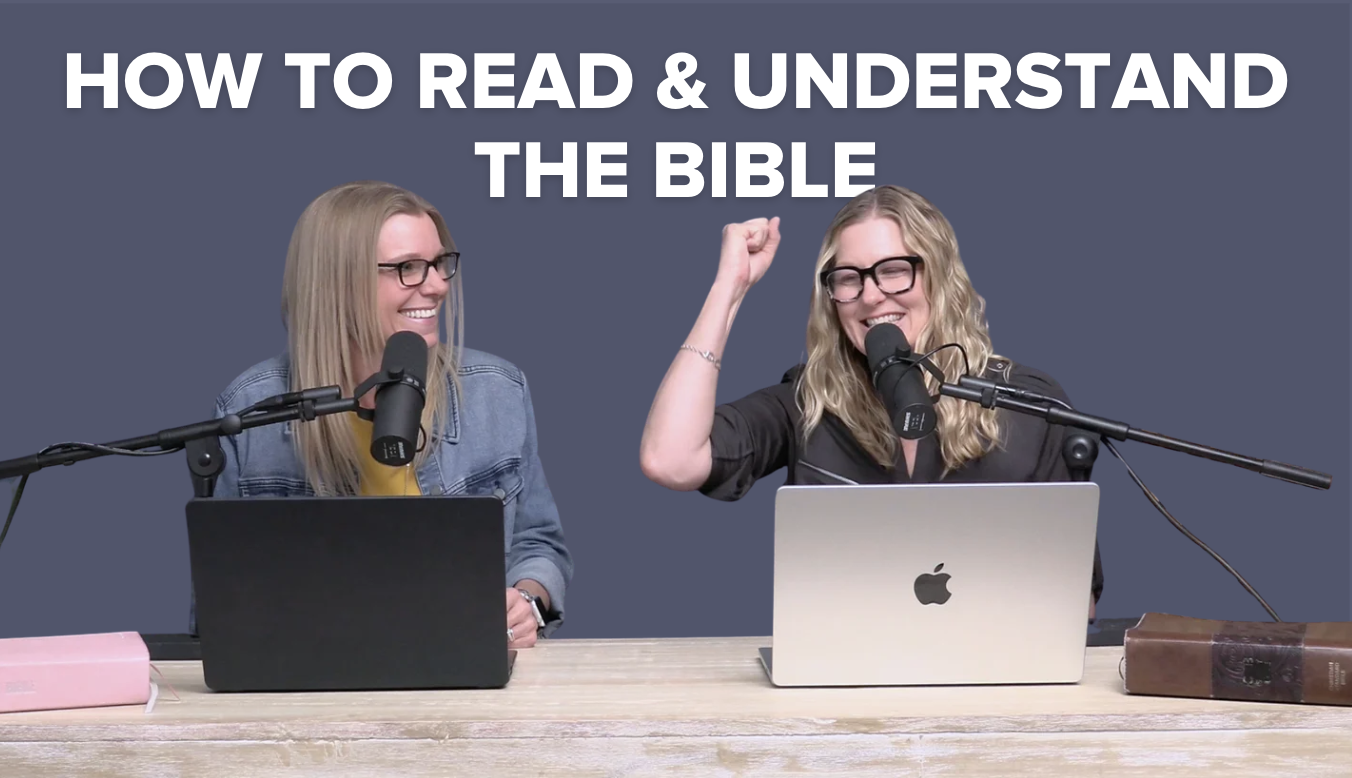 Two women sit at a desk with microphones and laptops, beneath the text “How to Read & Understand the Bible.”