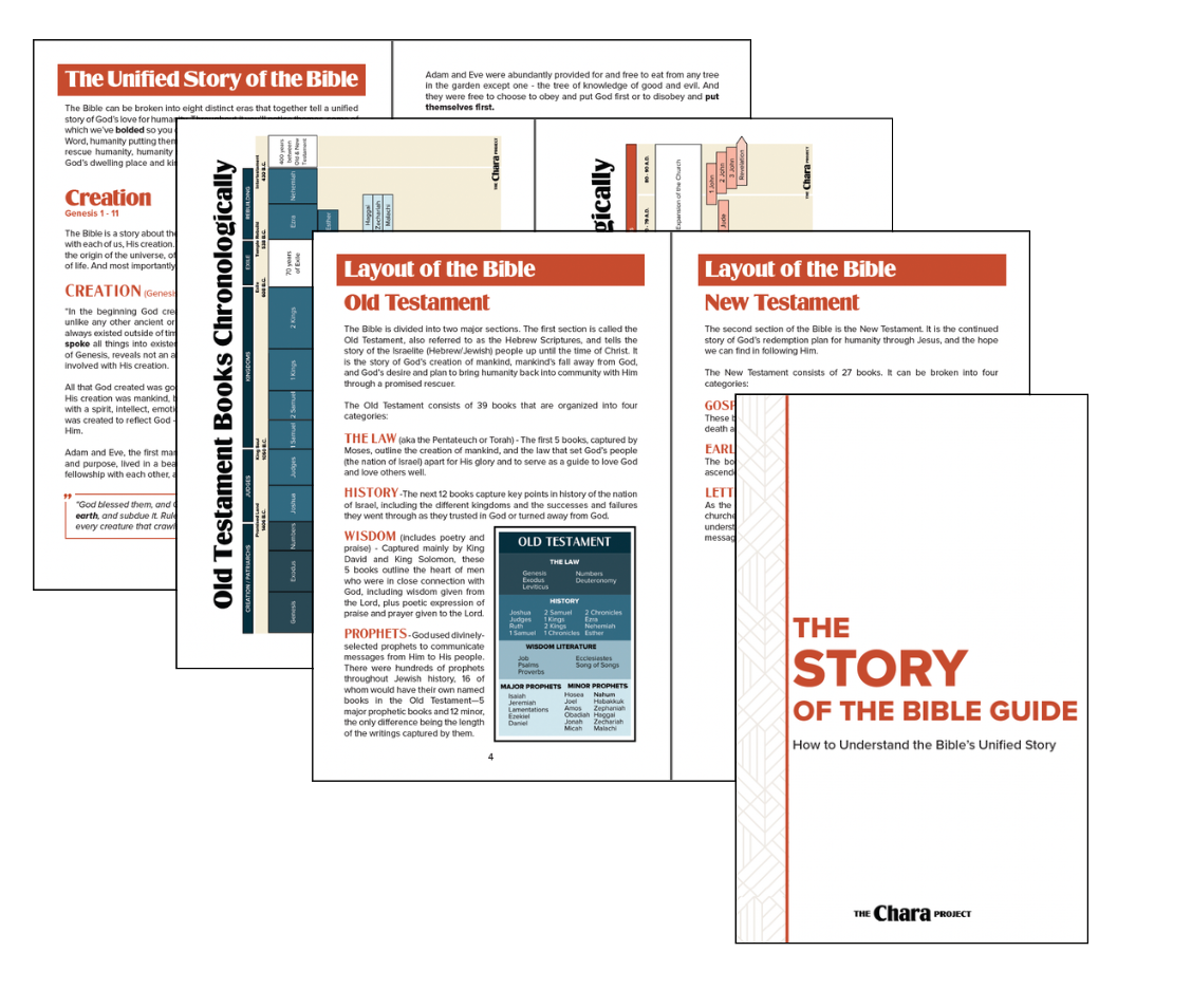 Five printable pages from The Story of the Bible Guide (DIGITAL/PRINTABLE) are shown, highlighting headings, diagrams, and text on the Bible’s unified story, Old and New Testament layout, plus a unique white and orange cover.