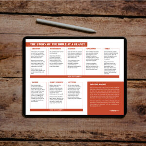 The Story of the Bible at a Glance - Newly Designed tablet, featuring a chart with key biblical eras and summaries, rests on a wooden table beside a white stylus.